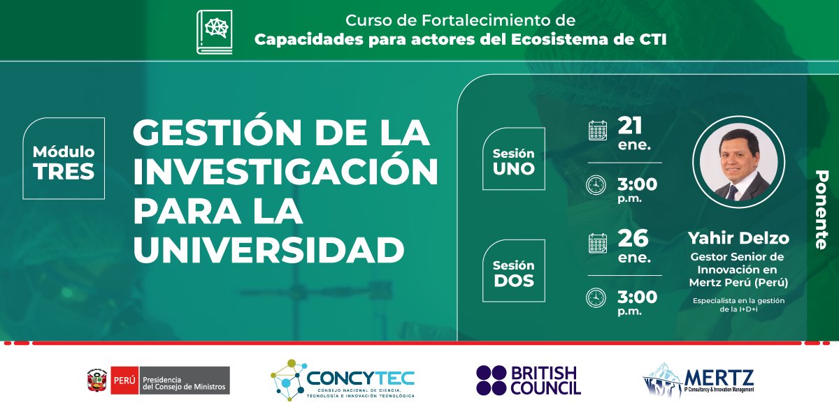 😃 ¡Atención! 🔬🇬🇧🇵🇪 Desde este 20 de enero el <a href="/ConcytecPeru/">Concytec Perú</a> en coordinación con el <a href="/pebritish/">British Council</a> realizará el curso "Fortalecimiento de capacidades para actores del ecosistema de CTI".

💻 Para participar inscríbete aquí ➡ bit.ly/2N6hlcV