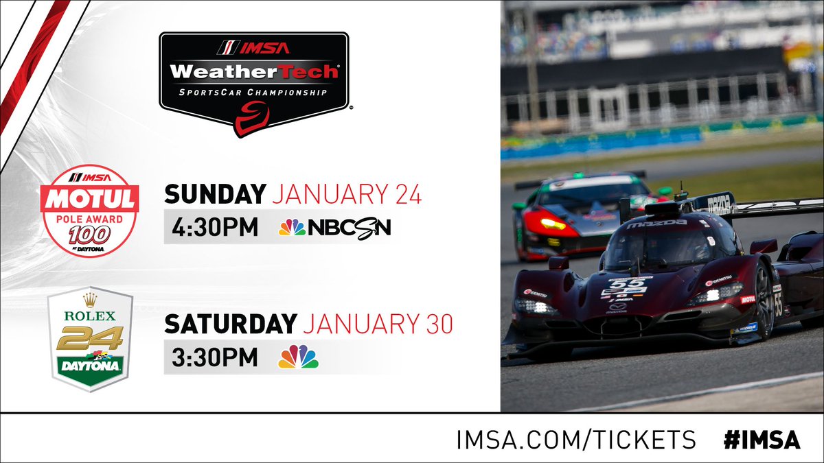 . <a href="/IMSA/">IMSA</a> WeatherTech SportsCar Championship is starting off the season differently this year with the Roar Before the @rolex24hours <a href="/motul/">Motul</a> Pole Award 100 at <a href="/DAYTONA/">Daytona International Speedway</a>! Make sure you tune in to NBCSN Sunday January 24th at 4:30 pm ET.

#IMSA / #Roar24 / #MotulPole