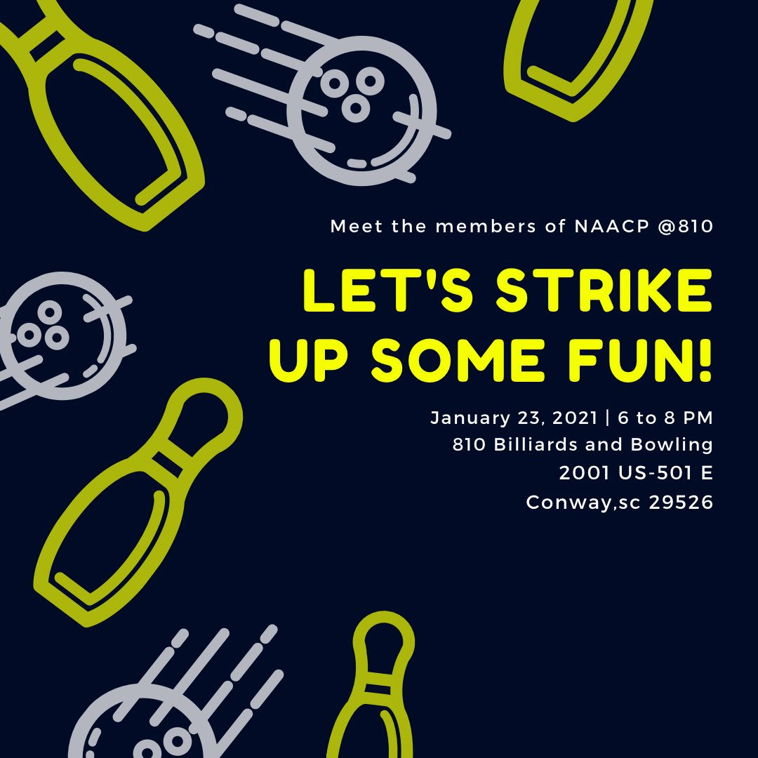 CcuNaacp's tweet photo. Meet us at 810 this Saturday ! Well be bowling, eating, and have a great time from 6-8pm. Hope to see you there! 💙💛 https://t.co/TLhL4sXKv8