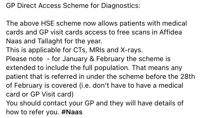 GP Direct Access Scheme for Diagnostics:
Medical cards &amp; GP visit card access to free scans in <a href="/AffideaIreland/">Affidea Ireland</a> Naas and Tallaght for the year.
This is applicable for CTs, MRIs and X-rays. #Naas