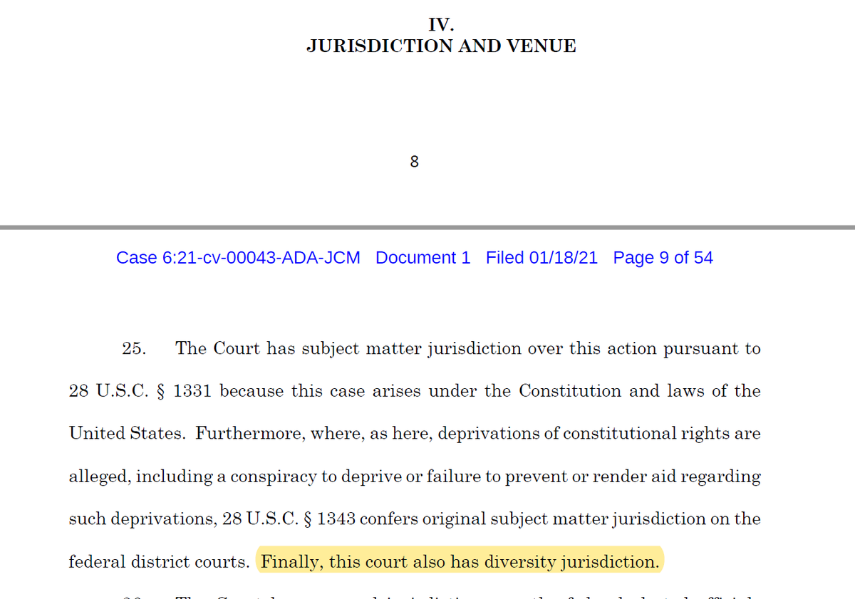 For the nonlawyers:In order for the court to have diversity jurisdiction, NONE of the plaintiffs can be from the same state as ANY of the defendants. They are suing EVERYONE in the 117th Congress and all 50 governors.Do you see their problem?
