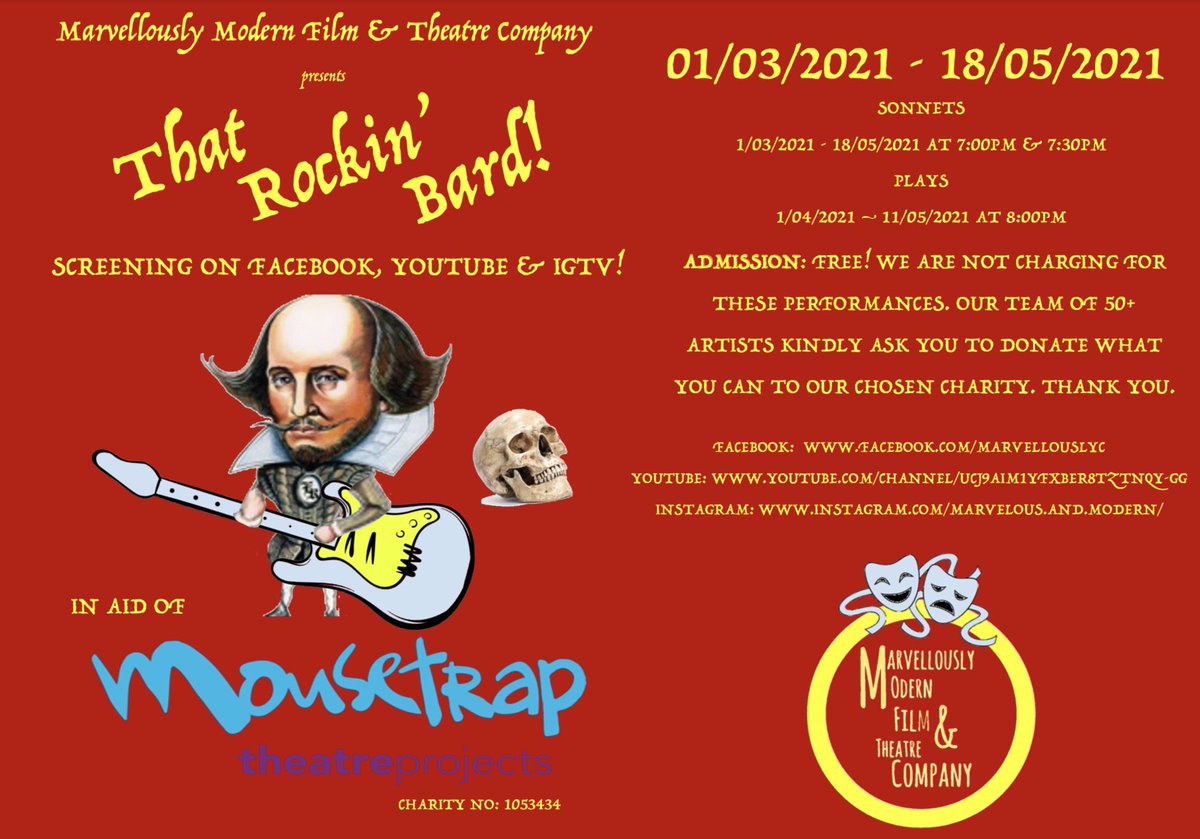 MarvellouslyC's tweet photo. Who’s excited for ‘That Rockin’ Bard’ in aid of Mousetrap Theatre Projects? I know we are! @MousetrapTP
#Shakespeare #mmftc #thatrockinbard #mousetraptheatreprojects https://t.co/I5s02okeYD