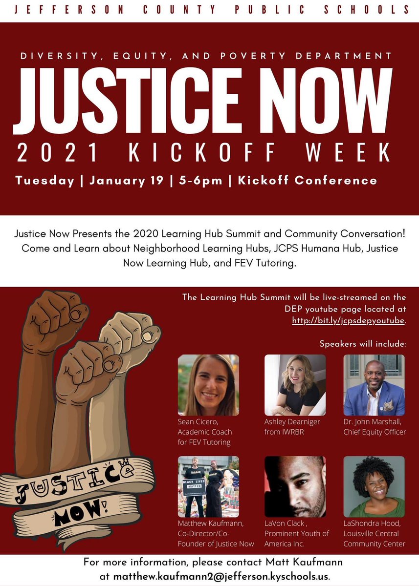 Join us tonight at 5 p.m. for our Justice Now Kickoff Summit. The Learning Hub Summit will be live-streamed on the DEP youtube page located at bit.ly/jcpsdepyoutube #jcpsdep