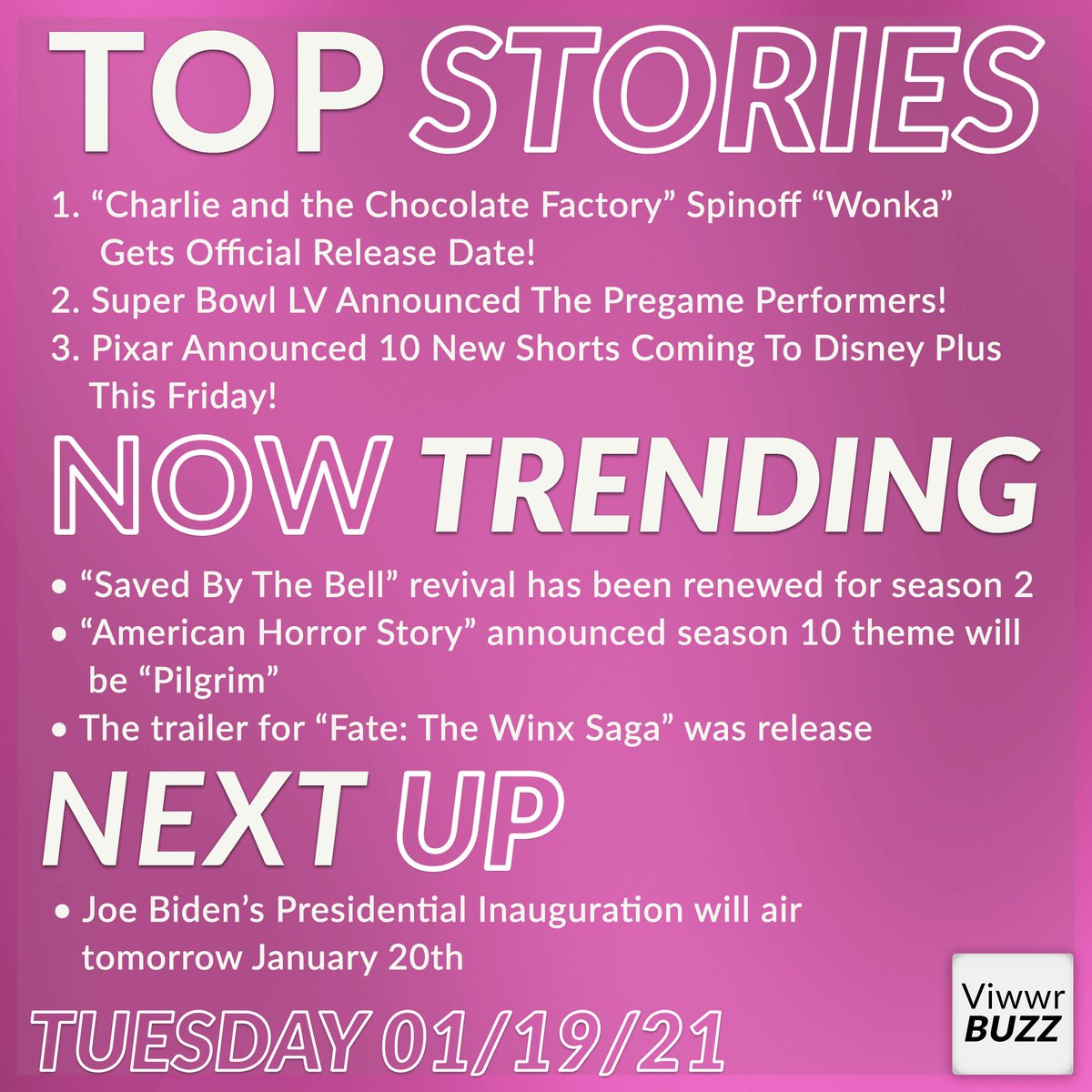 ViwwrBuzz's tweet photo. ⭐️ Top Stories 01/19 ⭐️

1️⃣ “Charlie and the Chocolate Factory” Spinoff “Wonka” Gets Official Release Date! 🎬

2️⃣ Super Bowl LV Announced The Pregame Performers! 🎤 #SuperBowl2021

3️⃣ Pixar Announced 10 New Shorts Coming To Disney Plus This Friday! 📺 #PixarPopcorn https://t.co/Qczcn7QOWb