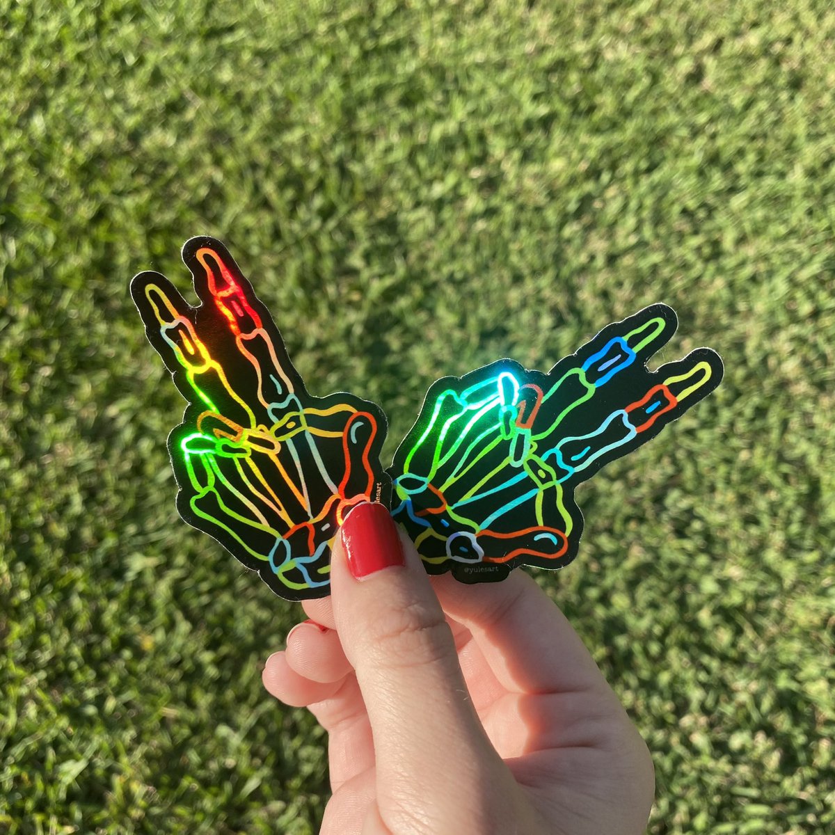 yulesart's tweet photo. My holographic stickers are both almost out of stock! 💚👀 won’t be restocking! https://t.co/B13bMDDsaG