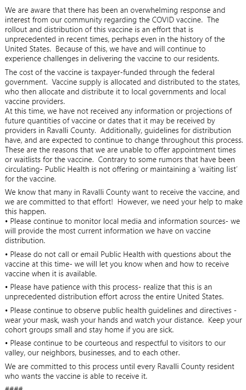 Similar story in Ravalli Co. They posted this update Friday asking people not to call or email the health department about getting the vaccine right now. They say to monitor local media for updates.  #COVID19  #mtnews