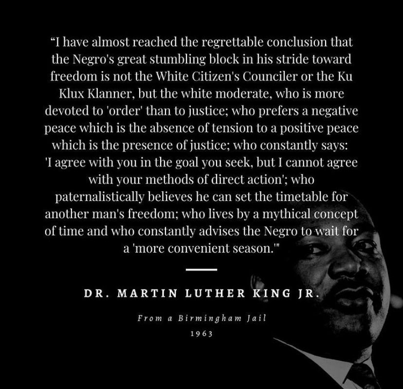 You know the white moderate MLK warned us all about? Well, some of them have titles like “Professor”, “Director”, “Social Worker”

If you aren’t for liberation, then get out of the way! Stop blocking progress. Stop controlling everything! Stop gaslighting! Step aside!