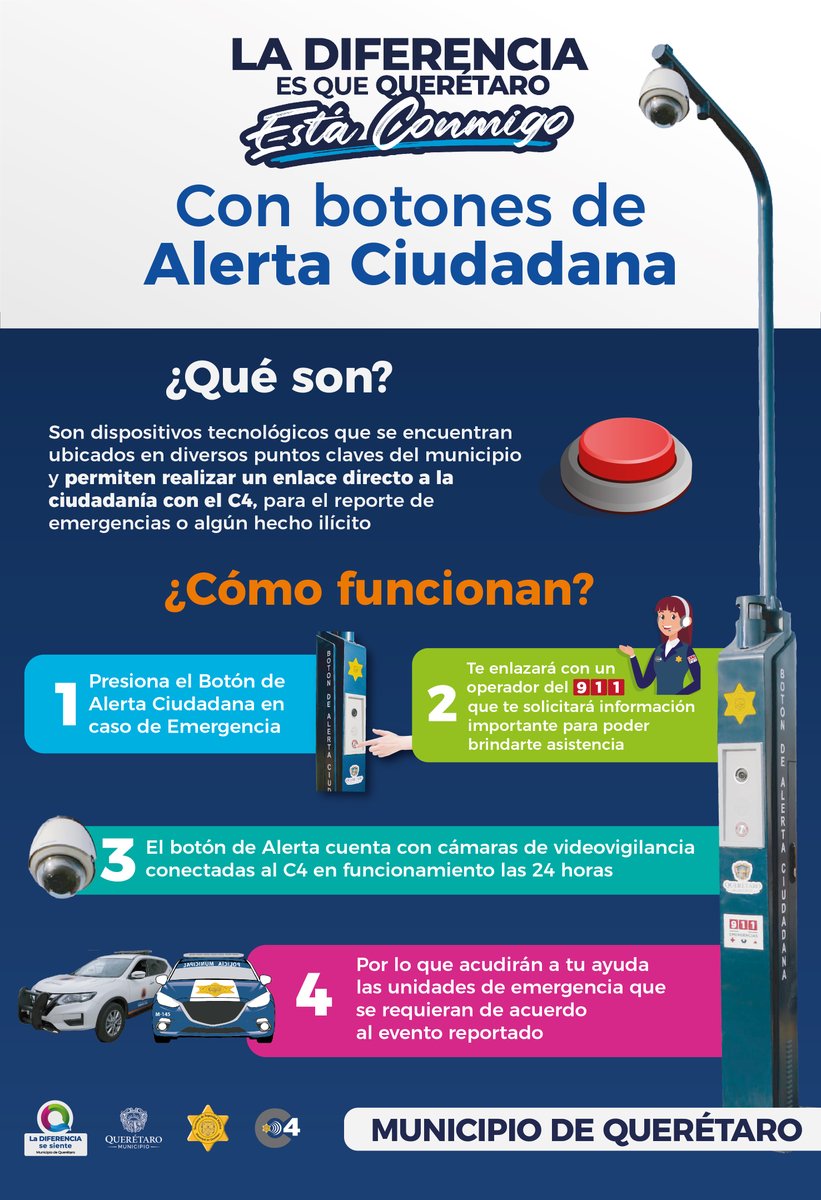 LuisBNava's tweet photo. Como parte de la estrategia de seguridad para brindar tranquilidad a las familias queretanas, el Municipio de Querétaro instaló Botones de Alerta Ciudadana, que te ayudan a reportar cualquier tipo de emergencia. Usarlos es muy sencillo, hazlo con responsabilidad. https://t.co/FyoCBAKX9v