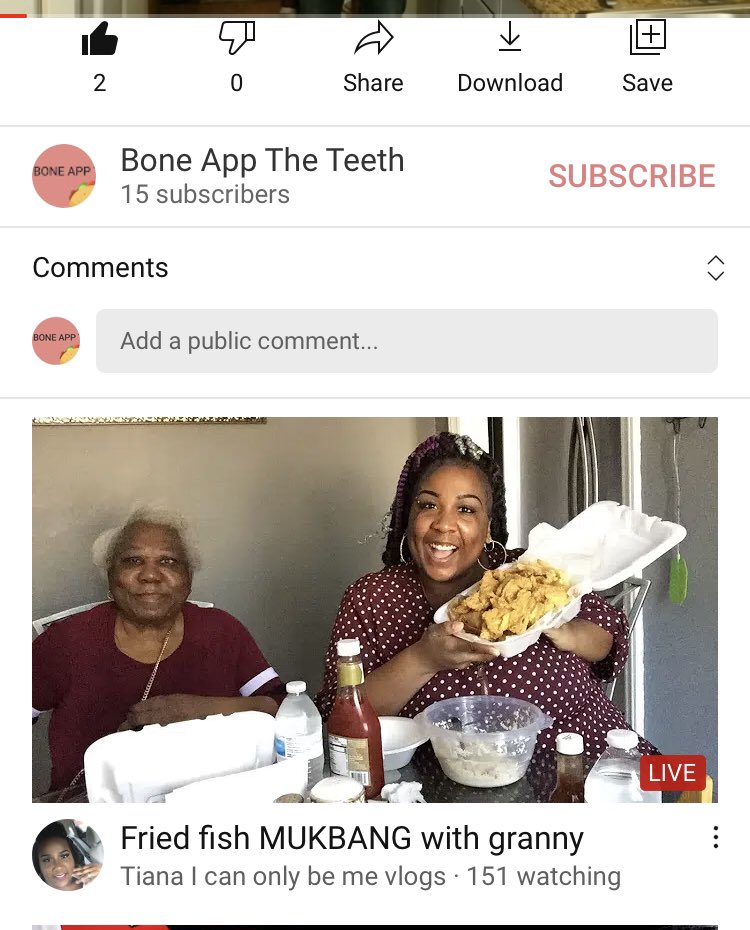 BoneAppKitchen's tweet image. The number one recommended video under our latest drop is “Mukbang LIVE with Granny”. 
How are we supposed to compete @gingerbinger91 ?