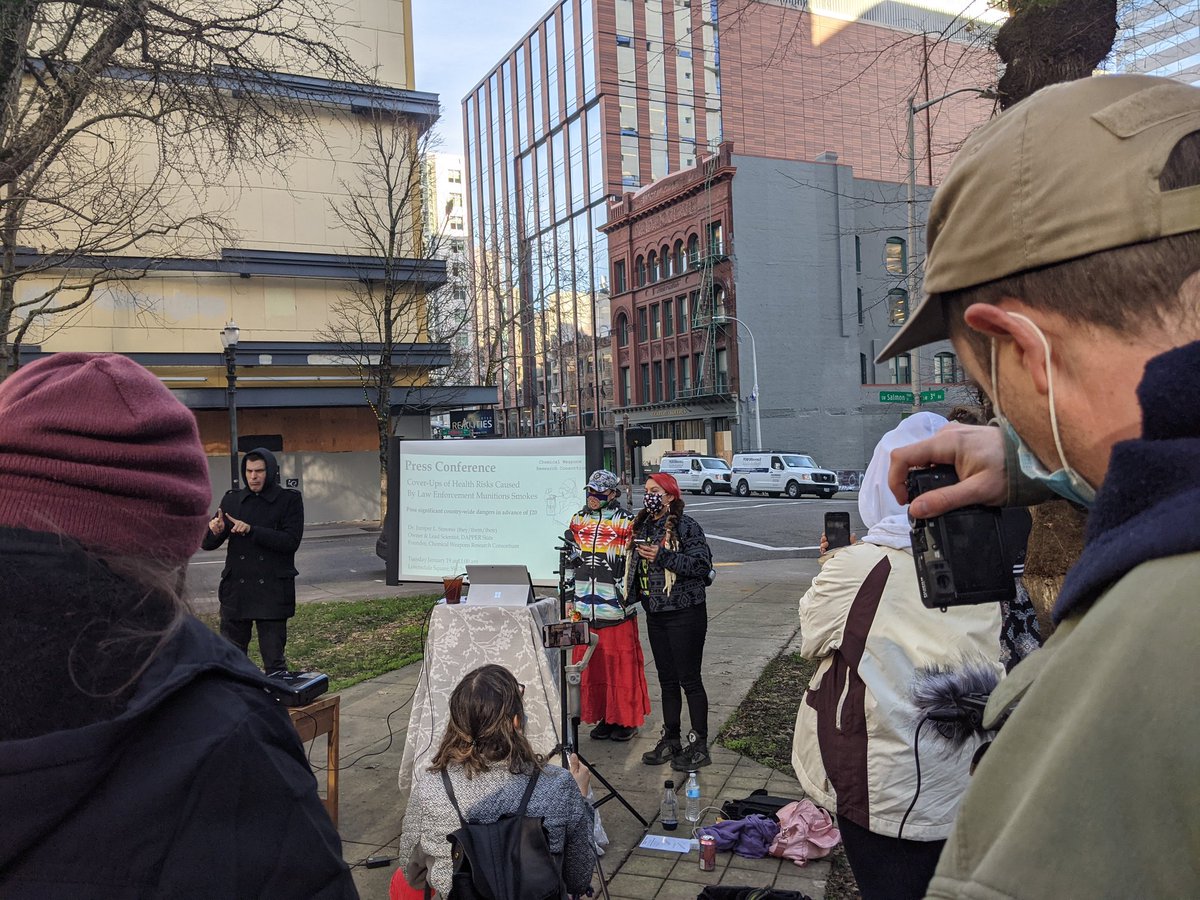 Good morning, I am at Lownsdale Square for a press conference with Dr.  @JuniperLSimonis: "Cover-Ups of Health Risks Caused by Law Enforcement Munitions Smoke"