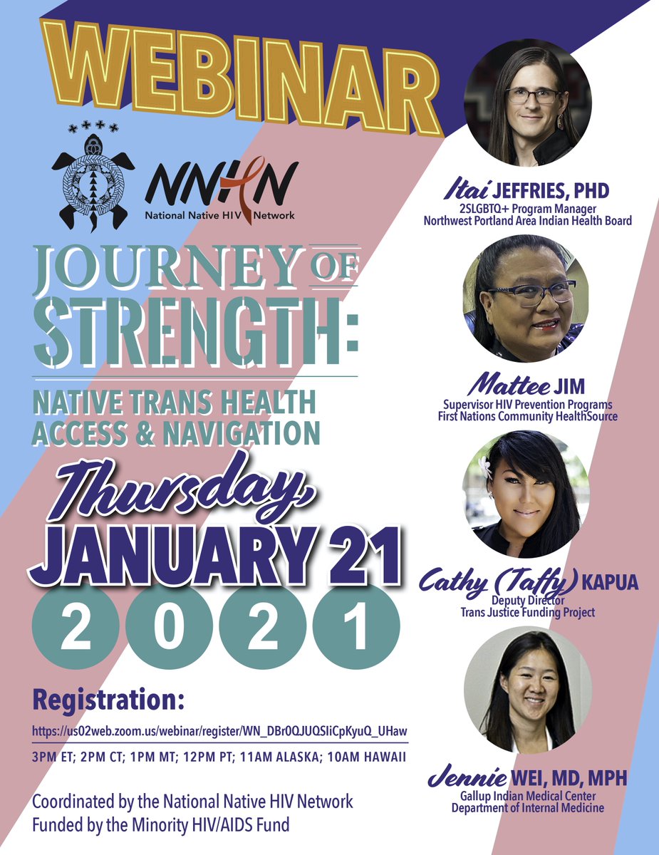 crihb's tweet photo. Join @nativehiv for their upcoming webinar, “Journey of Strength: Native Trans Health Access &amp; Navigation,” on Thursday, January 21st at 12 p.m. (PST). Register at https://t.co/35QahQo7LB. #EndHIVEpidemic #NativeHIV #NativeTransHealth https://t.co/KHPjygB3E3