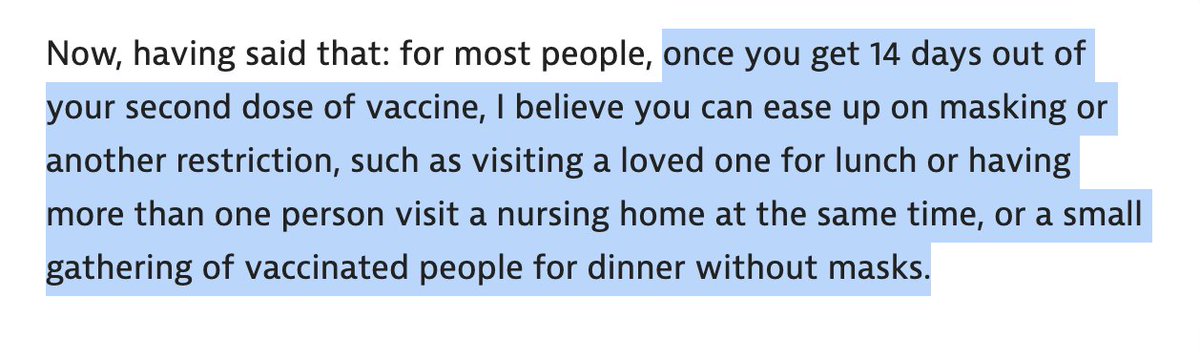 The thesis:14 days after dose 2 of the vaccine, you can ease up on something: perhaps masking, but lets be honest thats not what people really wantWhat we want is a dinner party w/ vaccinated peeps, hugging our mothers, etc. Yes, you can do that! Hug her extra tight