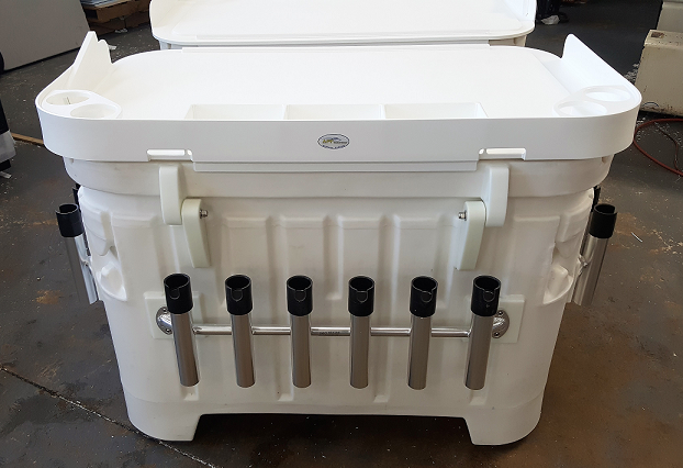 <a href="/apfmarine/">APF Marine Group</a> custom Cooler. Fabricated to your specifications. Shown here with Custom Cutting Board, Beverage Holders, Catch-Alls and Rod Holders. Contact us today info@apfmarine.com #GetReadyForFishingSeason #KillerCoolers #Custom #Fabrication #Boating #BoatLife #Yachts