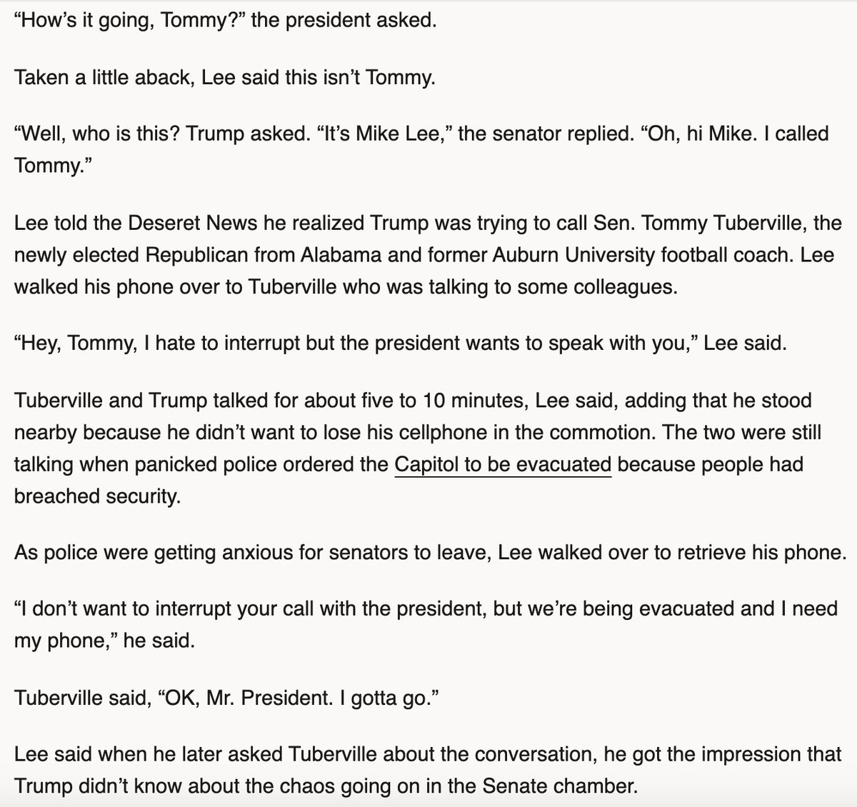 1/6, ~2:08: Trump calls Lee. It appears my timing for Lee's call is off. It appears that the president called him between 2:03 and 2:08 since the senators were rushed off at 2:13. I had originally placed it at 2:15 just after the senators left the floor.  https://web.archive.org/web/20210114014151if_/https://www.deseret.com/utah/2021/1/7/22218897/donald-trump-mike-lee-misdial-capitol-siege-congress-electoral-insurrection-moore-curtis-stewart