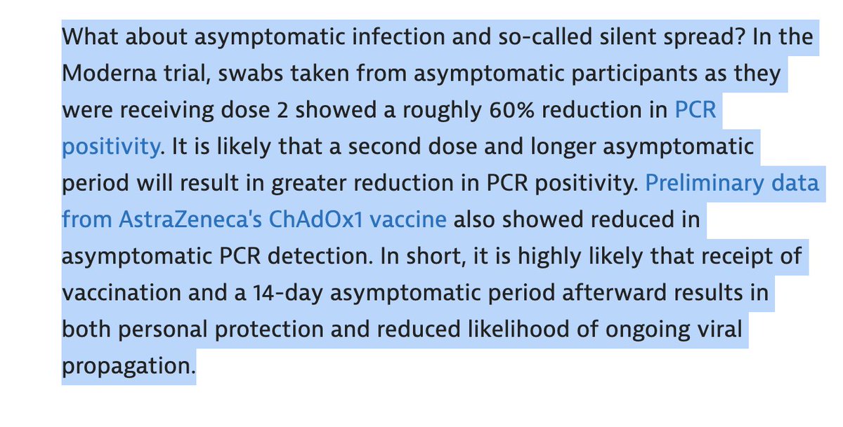 2. Asymptomatic infections are also reducedThe absolute risk of PCR + on dose 2 of moderna swab is ~1 in 1000... and that is before 14 days of further asx timeThat is a low, low, low risk