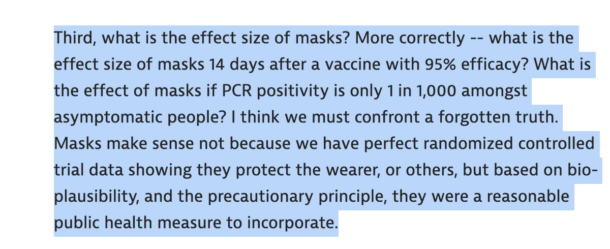3. The bio-plausibility of mask wearing is vanishing by the second. What precisely do you think the effect size is AFTER a vaccine with MASSIVE EFFICACY? What data supports that?