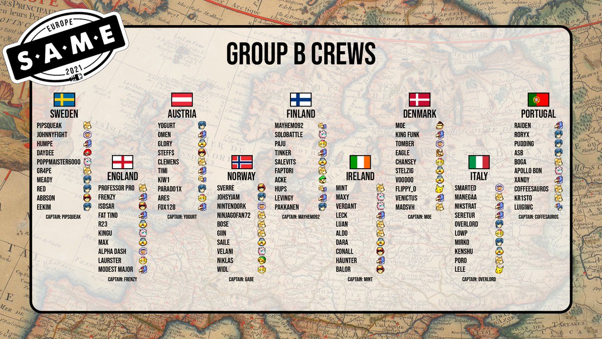 SmashEurope's tweet image. Start your predictions!

Who are your favorites to qualify for the S.A.M.E Finals🏆?

Here's the full group B roster of the international crews defending their country this year, starting at Valhalla Online next week 💪

register at smash.gg/valhalla 
#SAME2021 🖼️@Jaysotee