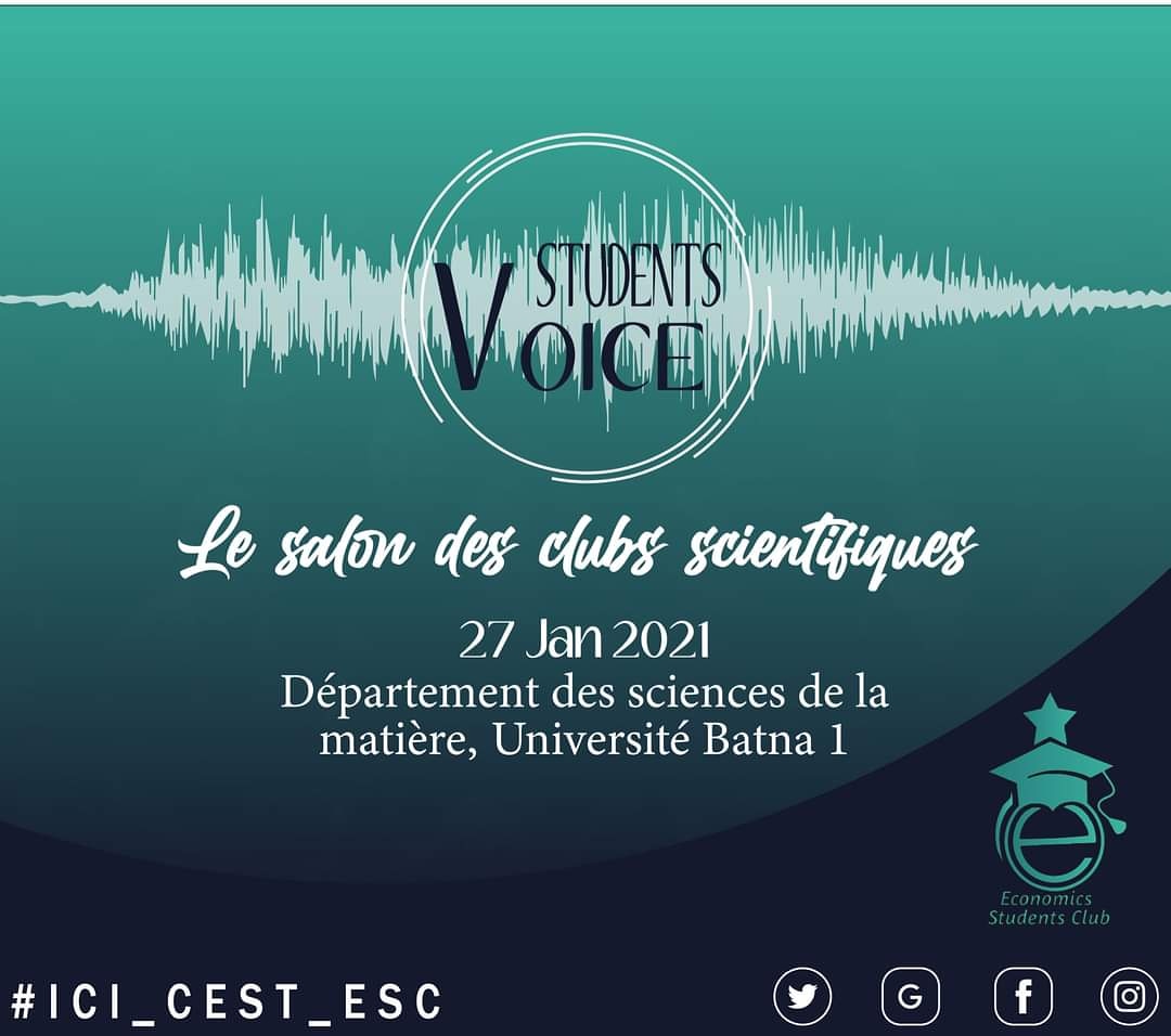 escofficial05's tweet photo. بمبادرة من نادي ESC🌟تنسيقا مع المديرية الفرعية للأنشطة العلمية، الثقافية والرياضية بجامعة باتنة1، ندعوكم لحضور الطبعة الأولى من #صالون_النوادي_العلمية الذي سينظم ببهو كلية علوم المادة، يوم الأربعاء القادم 27جانفي2020 ابتداءا من الساعة 10:00 صباحا، الدعوة عامة
#ICI_CEST_ESC
#2k21 https://t.co/51uyhbVsey