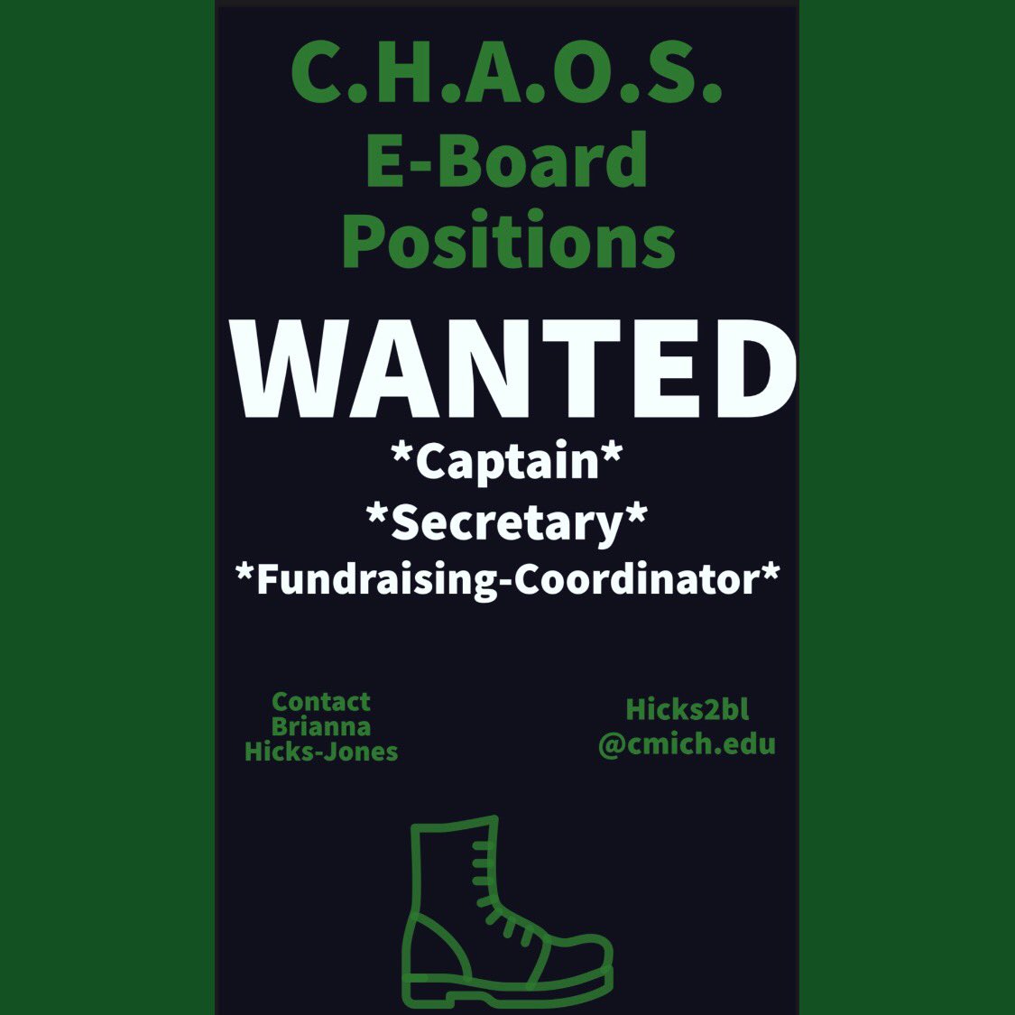 CMU_CHAOS's tweet image. ATTENTION ‼️ E-board members WANTED if you are interested in being apart of C.H.A.O.S. E-board please contact our president Brianna Hicks-Jones via email , Hicks2bl@cmich.edu, for more information 💚