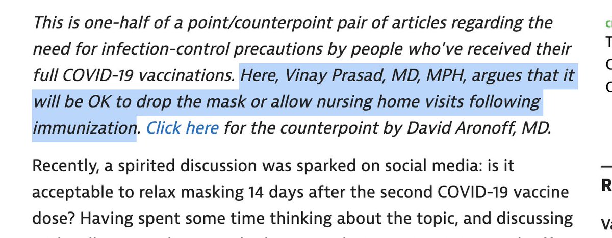 My op-ed is NOW OUT! Pls read and considerPS trying to change title (I didn't pick it, don't @ me) to"Is it ok to relax restrictions after COVID Vaccination?"VP says yes, of course!Here is why [Thread] https://www.medpagetoday.com/blogs/vinay-prasad/90764