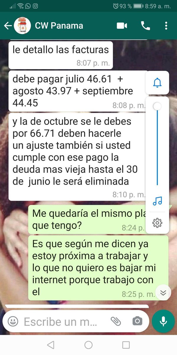 GabyG_43's tweet photo. Somos tontos o fuimos engañados? Esta conversación fue el octubre de realizó el pago y me siguen cobrando lo que dijeron sería eliminado y lo que pago por el mes corriente lo quieren poner como abono 🙈😱 @MasAtencionCWP @311Panama @AcodecoPma https://t.co/yTdAt3uZaL