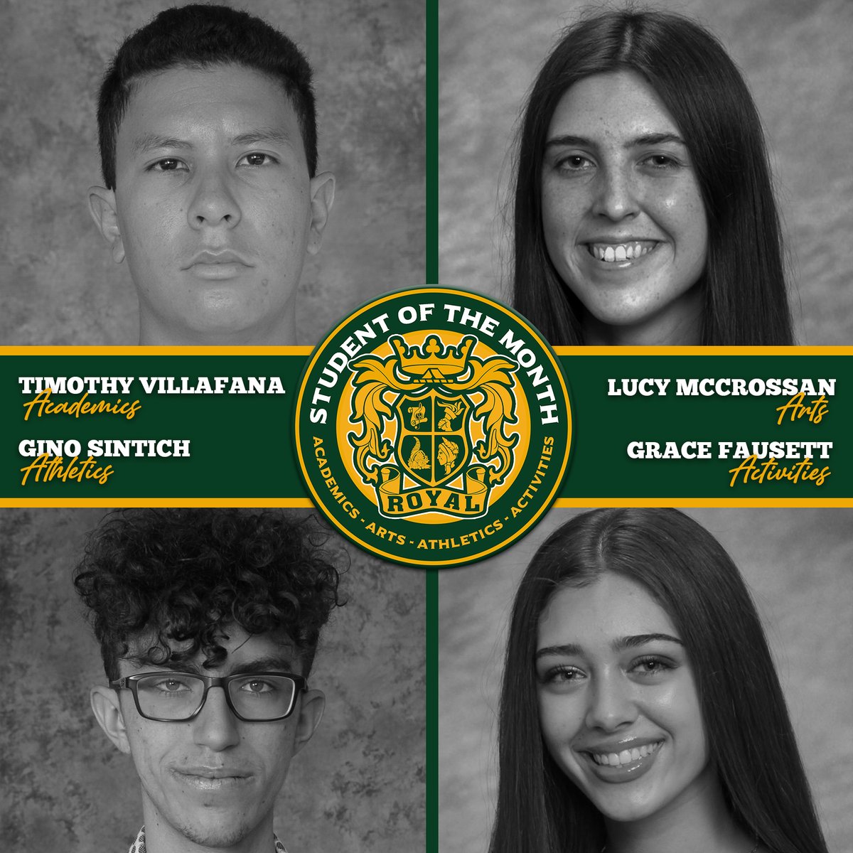 Today we honor Students of the Term (Fall, Term 3). Timothy Villafana, Academics (Nom by Fischer, Kilgore, Furlong), Lucy McCrossan, Arts (Pate, Downey), Gino Sintich, Athletics (Griffin), Grace Fausett, Activities (Mayea)