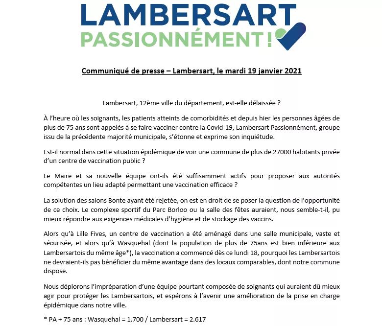 📃 [COMMUNIQUE DE PRESSE]

⚠️ #COVID19 : Absence de lieu de #vaccination à #Lambersart  : 

Retrouvez ici la réaction de notre équipe ici ⤵️