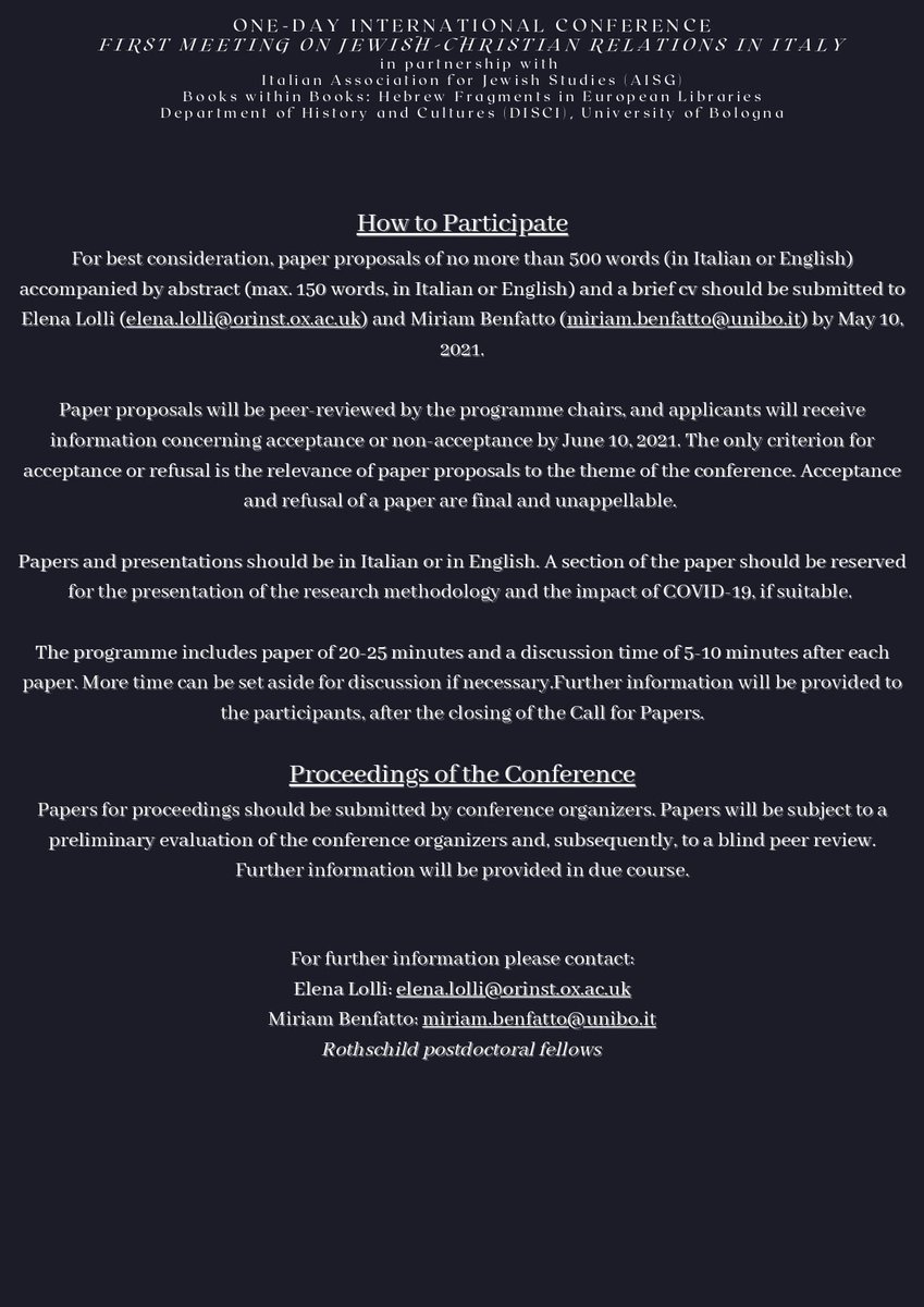 perurealfonso's tweet photo. #cfp "The destruction and preservation of #HebrewBooks [in Italy" to be held on 15 Nov 2021 ON LINE Submissions until 10 May Contact the conveners directly #BookHistory #HebrewMSS #Censorship #EarlyModern #CatholicCulture (Typography in flyer is a tribute to Italian disco music). https://t.co/Pti8ey5j1l