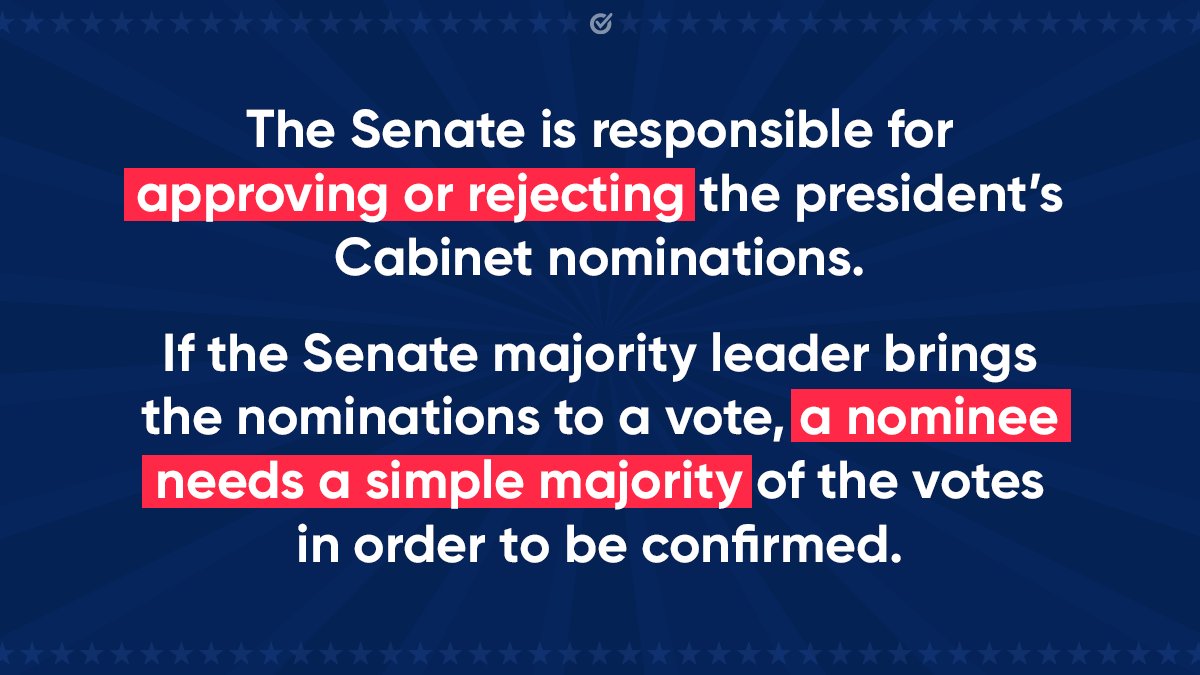 WhenWeAllVote's tweet photo. The Senate is conducting hearings to confirm President-elect Biden’s Cabinet. 

While we don’t vote for Cabinet positions directly, we vote for the president and senators who nominate and approve them. https://t.co/SPwIuq88Z9