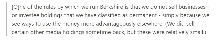 He also considers a portion of his public holdings 'permanent', and will not sell them to invest in a more attractive opportunity