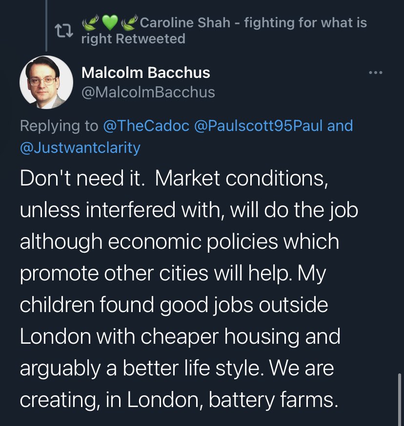 Rather than insufficient affordable housing being a problem, Malcom states the issues is ‘a people excess’ for which the solution is ‘market conditions’, i.e. only rich people should be able to afford homes in London. If you’re poor then too bad, jog on, according to Malcom.