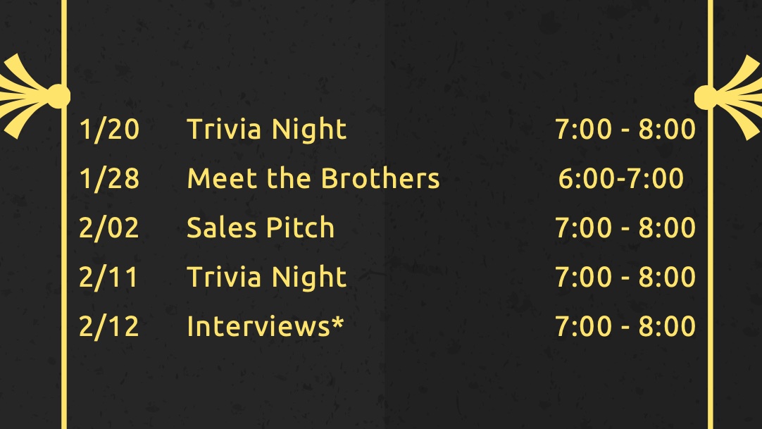 Interested in Delta Sigma Pi? Spring 2021 recruitment is here! Join us at one (or all!) of these fun activities and get to know this co-ed fraternity and its Brothers. We can't wait to see you there :) Send an email to deltasigmapi.etamu.svp@gmail.com for an official invite!