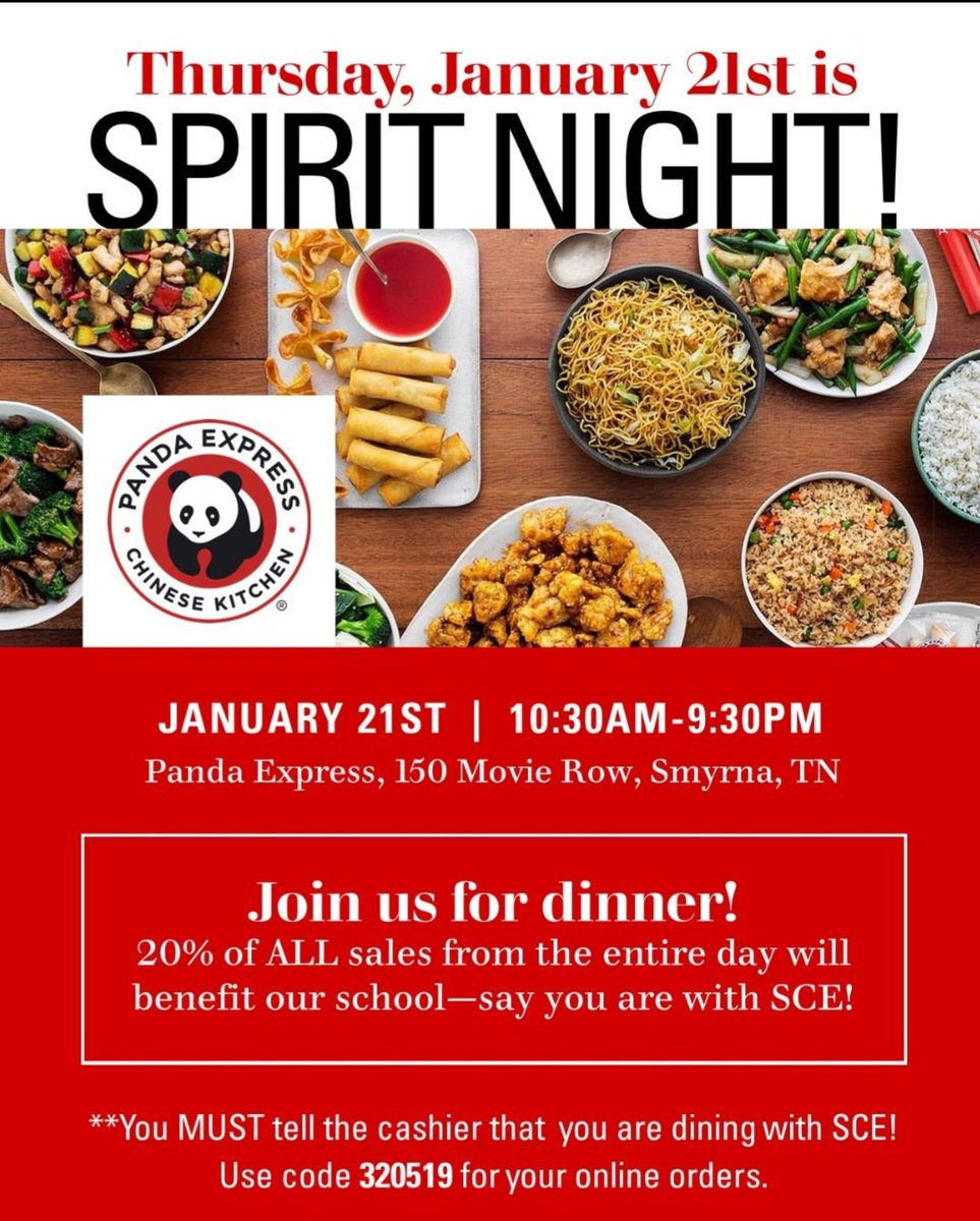 Mark your calendars.. Spirit day at panda express is this Thursday January 21st. 
From 10:30am -9:30pm. Online ordering available using code 320519. Show them flier by paper or digitally for SCE to receive credit. 
Let's show that creek pride #scecardinals #creeklife