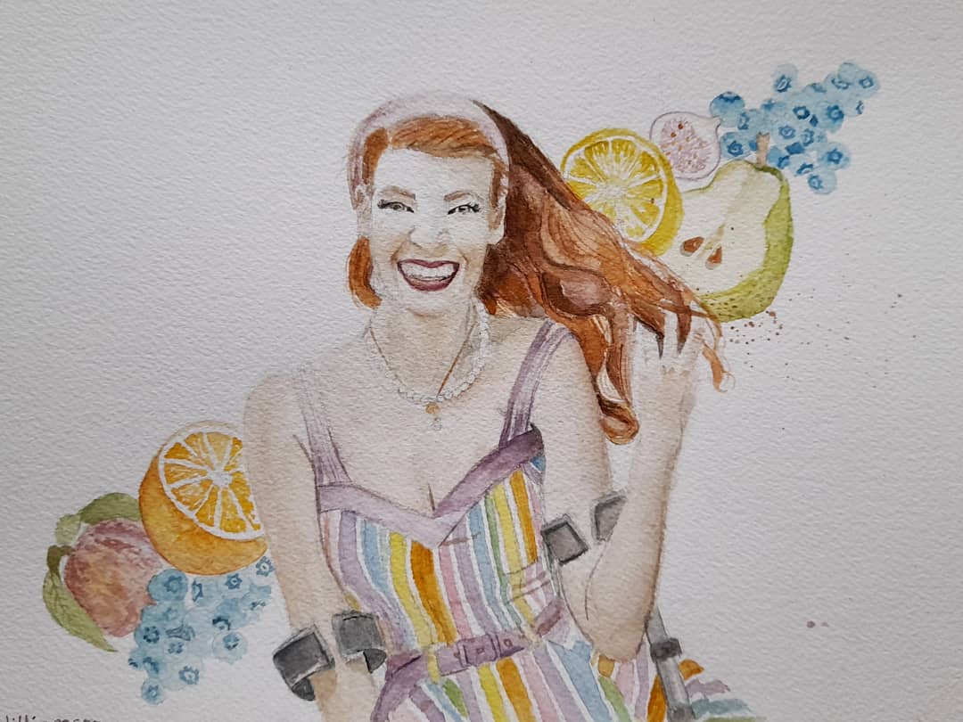 Finished another portrait of the lovely @JessicaOOTC. Painted the fruit to match the dress. 🥰
#watercolor #disabledartists