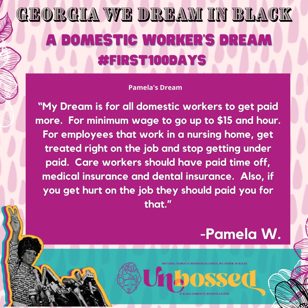 AtlDomesticWork's tweet photo. With tomorrow being Inauguration Day we want to make sure our dreams are known. Here is Pamela Williams’s Dream for domestic workers for 2021 and beyond. #first100Days #adomesticworkersdream #essentialworkers #betterpay #sicktime #paidleave #fightfor15 #healthinsurance https://t.co/kjhFZvfwnO