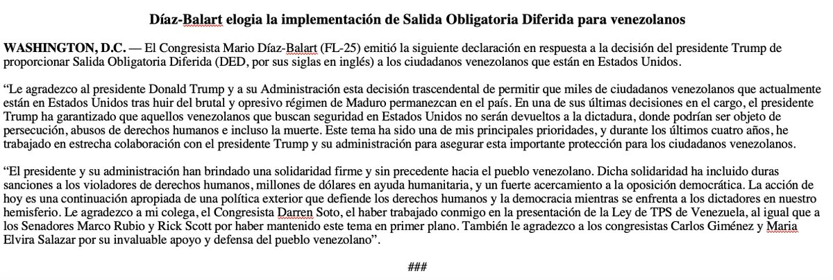 MarioDB's tweet image. En una de sus últimas decisiones en el cargo, @POTUS ha garantizado que aquellos #venezolanos que buscan seguridad en Estados Unidos no serán devueltos a la dictadura de Maduro, donde podrían ser objeto de persecución, abusos de derechos humanos e incluso la muerte.
👉Lea más: