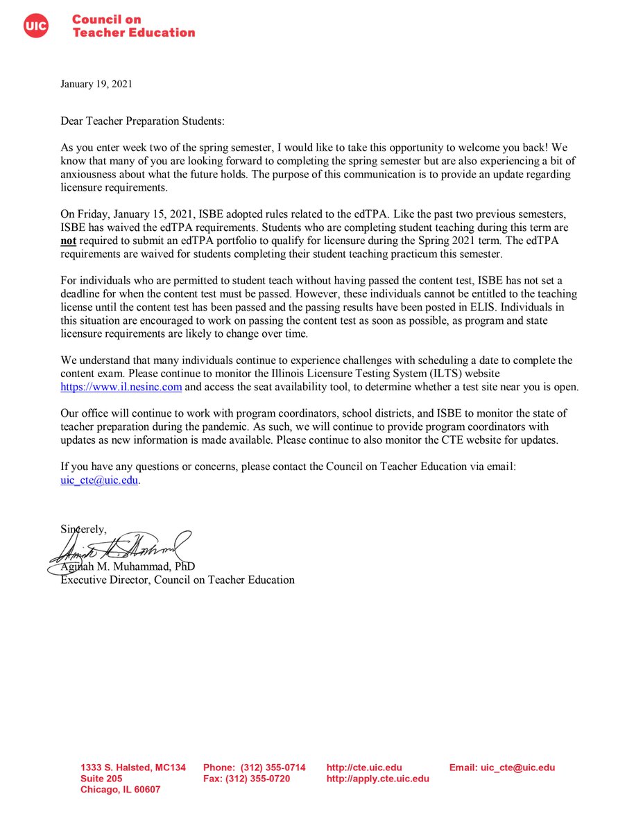 cteuic's tweet photo. Welcome back students! There has been some updates to licensure requirements this semester. Please read our executive director's letter and reach out with any q's! https://t.co/dRNDrj2ijK
