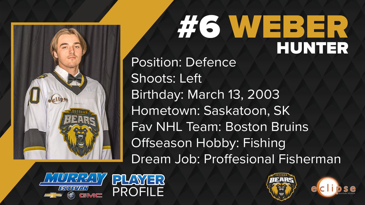 EstevanBears's tweet photo. 🎣We're reeling in today's catch - #6 Hunter Weber. Measuring in at 6'3" 📏 this d-man has dreams of fishing full time 🤔
Read all about it in today's Murray GM Estevan Player Profile https://t.co/8fEQjvoAv4