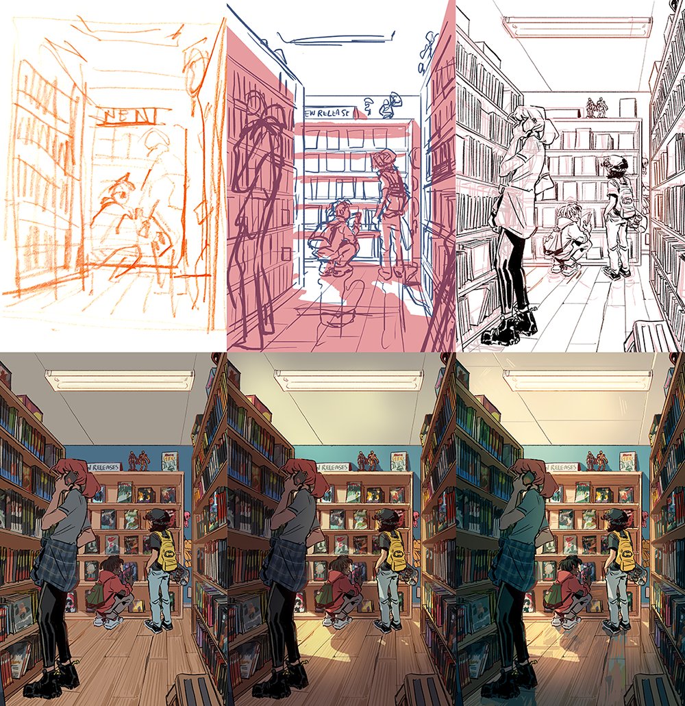 hey thanks for 30k followers everyone! ? for those who are new I made a meet the artist bc its very nice to meet you... and also heres process compilations for those two comic store illustrations 