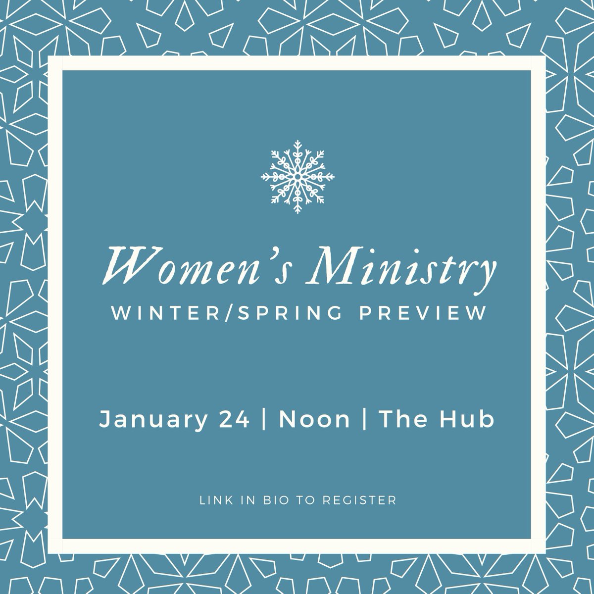 CBCWomen137's tweet photo. Don't miss or Women's Ministry Winter/Spring Preview this Sunday, January 24, from 12:00 to 1:30 pm in The Hub. A light lunch will be provided, so please let us know you're planning to attend. 

To register, visit https://t.co/5AloTwRrUD. https://t.co/1yAujNdxtu