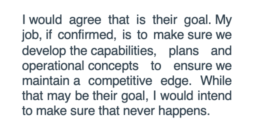 14/ Sen. Wicker asks if he agrees w/ assessment that China's goal is to devp a military by mid-century equal or superior to that of US.Austin says he agrees & "I wld intend to make sure that never happens." Talks abt maintaining competitive edge.