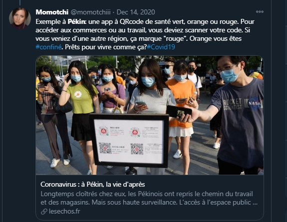 momotchiii's tweet photo. Le gouvernement  #France va rendre les scanners à QR codes obligatoires pour entrer dans les bars, restaurants, bâtiments publics avec #TousAntiCovid.
Comme à Pékin.
C'est pas comme si je n'avais pas prévenu... Variation du #passeport d'immunité en marche https://t.co/UdEoYfQJYu https://t.co/I46pcX3Ivm