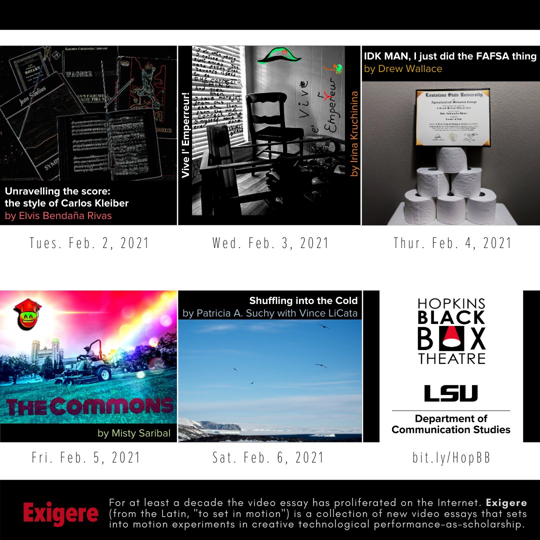 Announcing the first show of our spring season:

Exigere: A Video Essay Festival
Feb 2-7
created by Irina Kruchinina, Elvis Bendaña Rivas, Misty Saribal, Patricia A. Suchy, and Drew Wallace. 

Reservations:  goo.gl/LUXdUq