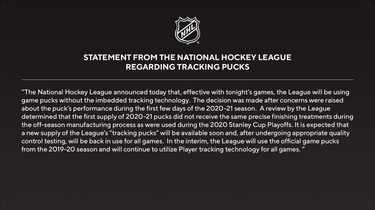 NHLPR's tweet photo. Statement from the @NHL regarding tracking pucks. https://t.co/uovJ97eBpk https://t.co/m5D0XXS1CV