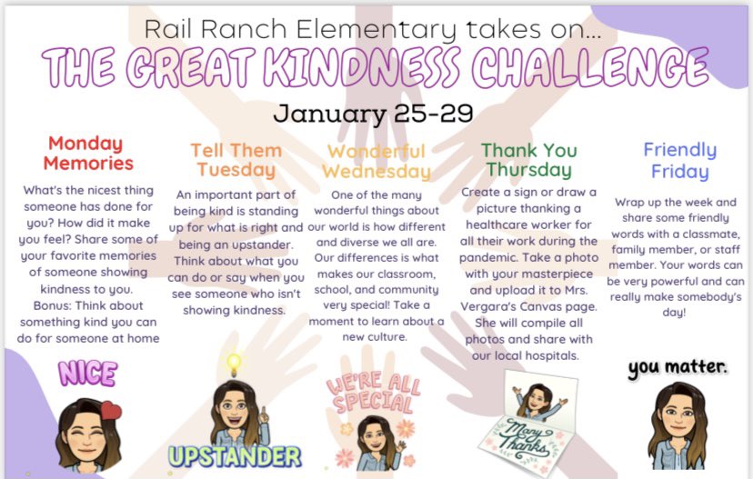 Our Great Kindness Challenge is just around the corner! Check out the schedule as we prepare for this exciting week! <a href="/RailRanchElem/">Rail Ranch Elem.</a> 🌈