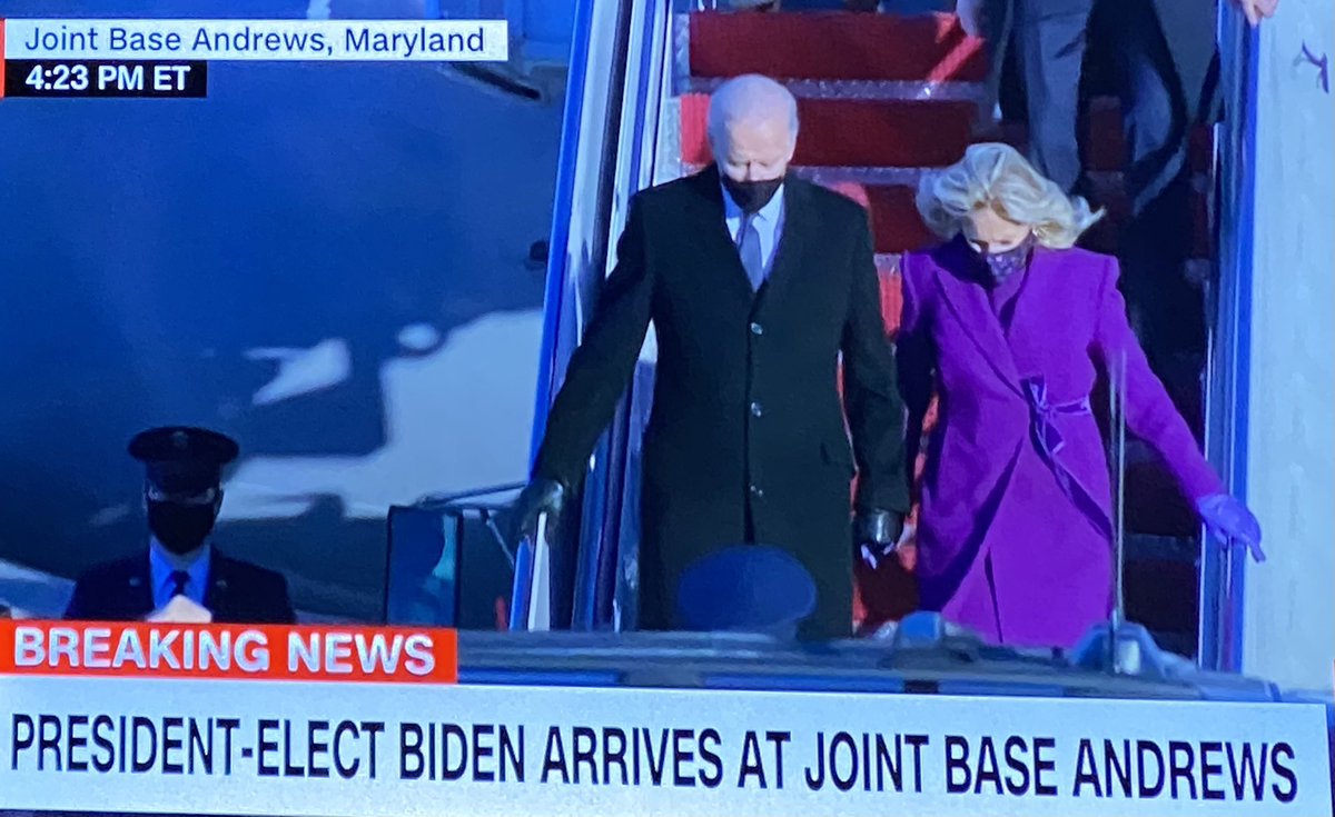 Booth's tweet photo. Jill Biden is wearing a purple ensemble by US designer @JCohen_Studio arriving in Washington today. Jonathan is a NY-based independent designer, and her choice may signal her intent to support young fashion talent during her time as First Lady. #BidenHarrisInauguration https://t.co/ApsA5kxxvp
