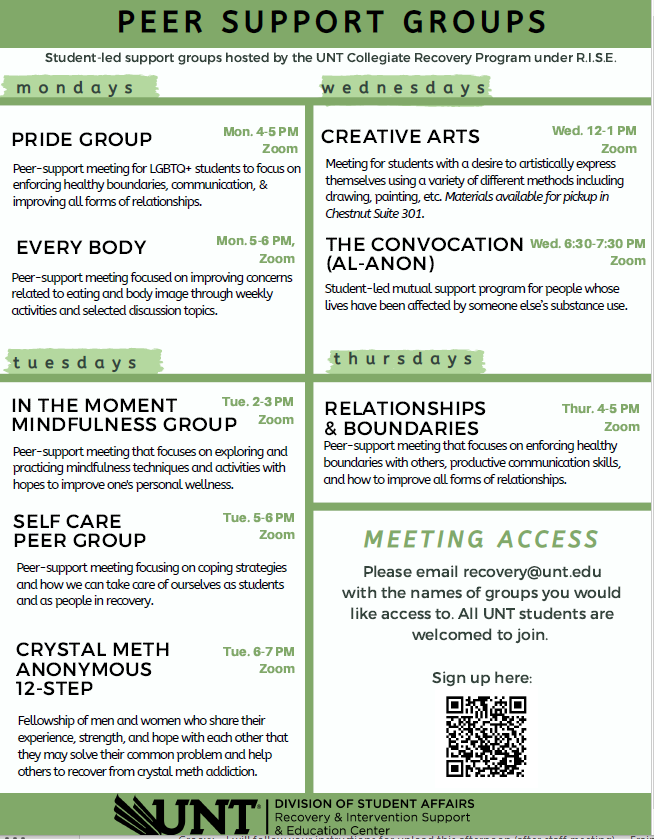 UNTDOS's tweet image. Check out the Collegiate Recovery Program’s Spring meeting schedule for 2021! #UNTCares #UNTDOS #UNTRISE