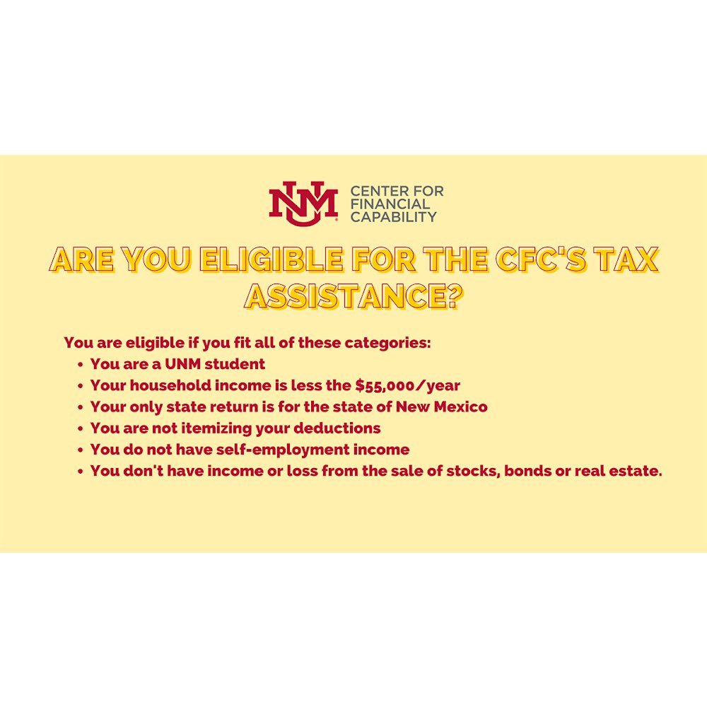 UNMCFC's tweet photo. Welcome back lobos 🐺! This semester the CFC will be offering tax assistance! See these eligibility requirements and checklist if you’re interested in getting tax assistance! 🌟 https://t.co/VpPTOW5nGX
