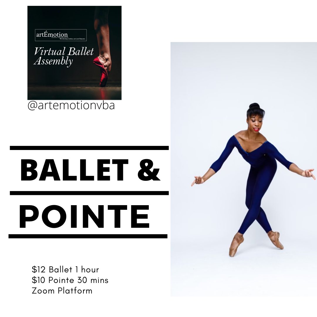 TONIGHT’S VIRTUAL CLASSES!

5-6 pm MDT
Beginner Ballet with Daphne Lee

5-6 pm MDT
Int/Adv Ballet with Rex Tilton

6 - 6:30 pm
Pointe all Levels with Allison DeBona

artemotionballetschool.com/classes?view=c…

#artemotionvba #artemotionusa #ballet #pointe #openclass #dance #zoom