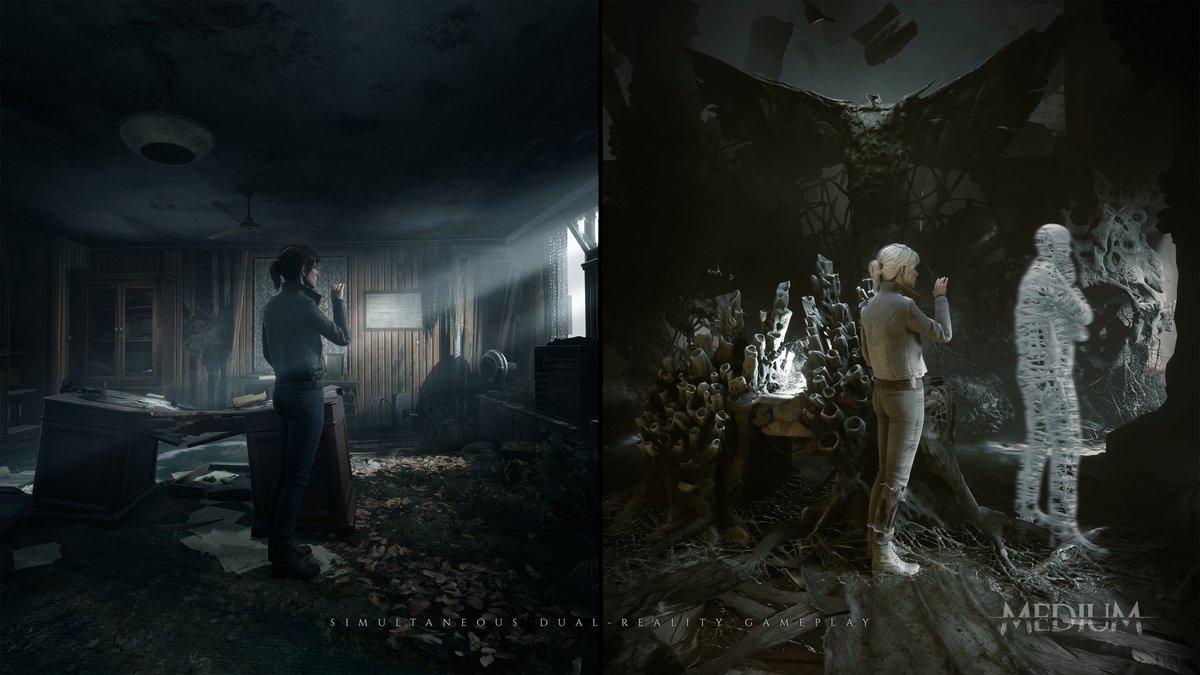 Still from The Medium where the gameplay is split between two worlds simultaneously. The character is in an abandoned room on the left and a mysterious ethereal space on the right. Text on the bottom reads "simultaneous dual-reality gameplay. 